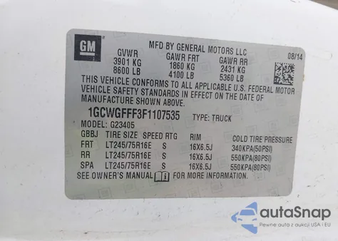 2015 Chevrolet Express 2500 Work Van z USA, uszkodzony, nr VIN 1GCWGFFF3F1107535